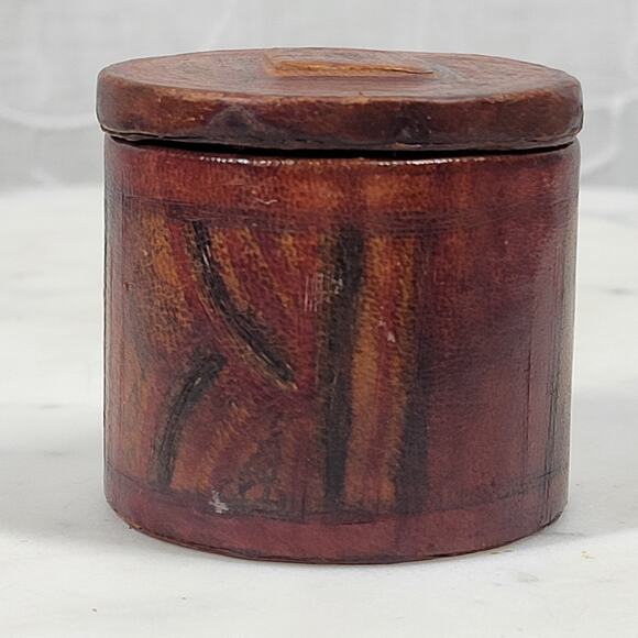 VTG Leather Box Lid 1.75" Brown Red Tooled Cylynder Storage Jar Travel - Picture 3 of 15